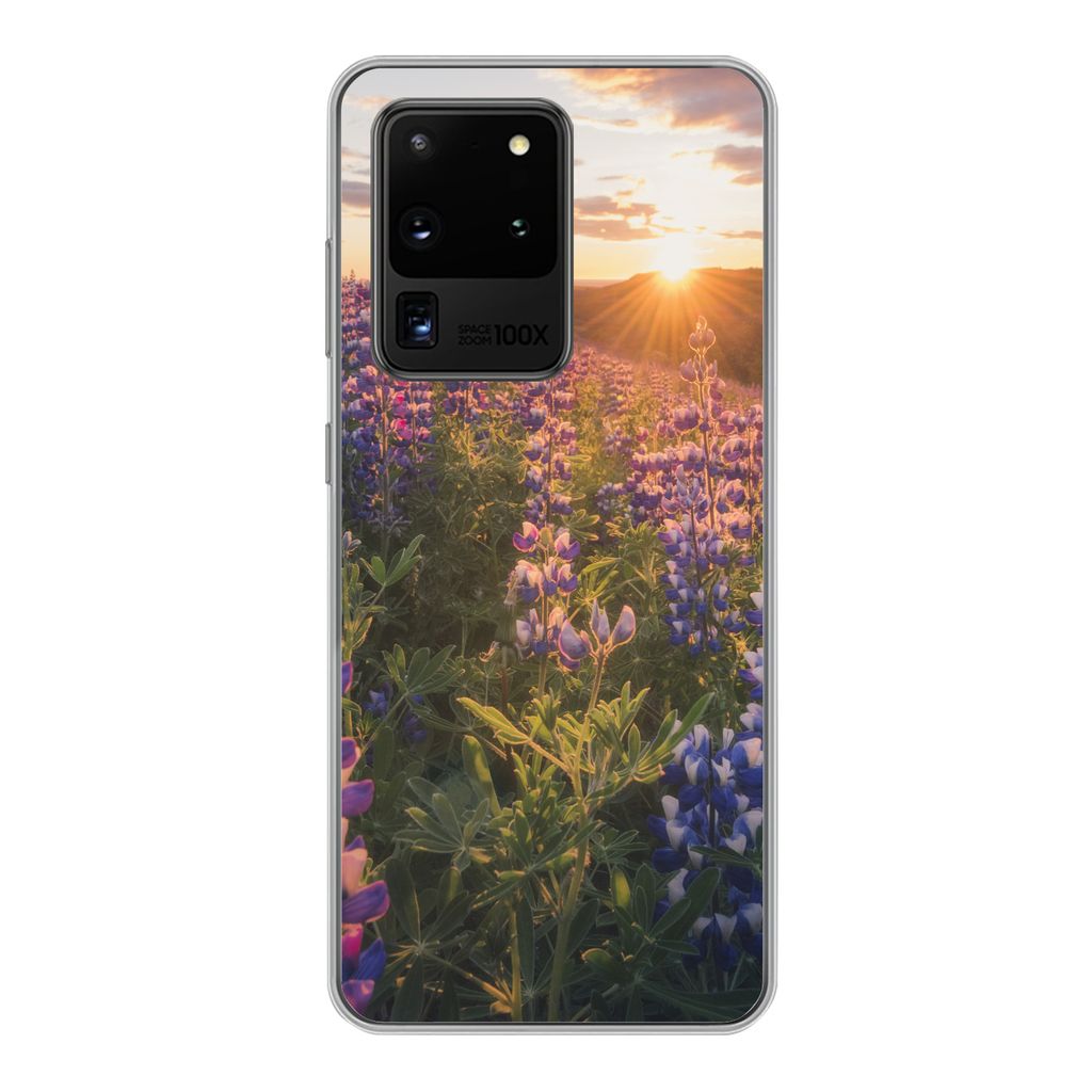 MuchoWow Handyhülle Schutzhülle Hülle für Samsung Galaxy S20 Ultra Lupine - Sonne - Lila Silikon Softcase Handy Hülle - Karteninhaber