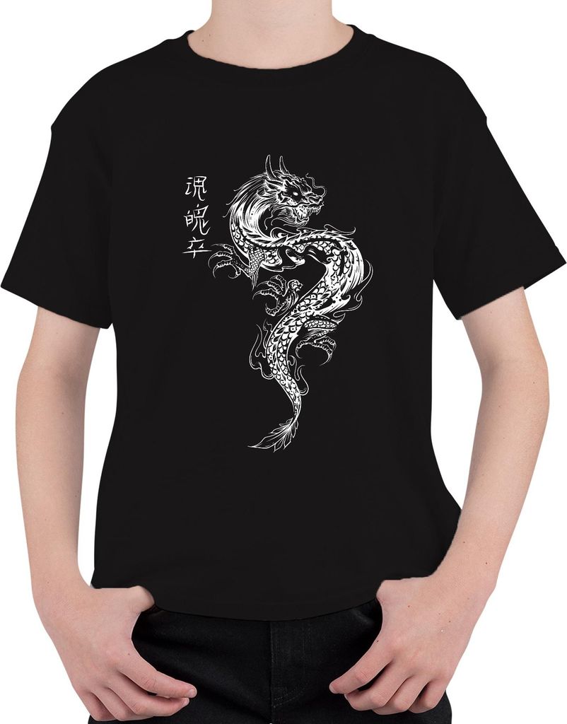 Japanischer Drache Irezumi Orientalischer Drache Asien Koi Flamme Uni Kinder T-Shirt, Schwarz, 140