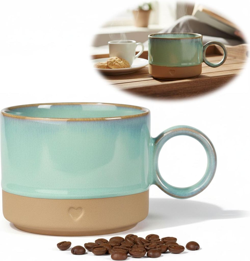 LS-LebenStil Tonbecher Kaffeebecher 290ml Aqua Heart mit Griff Steingut handgetöpfert schwimmende Glasur Tontasse Henkelbecher Kaffeetasse Kaffee