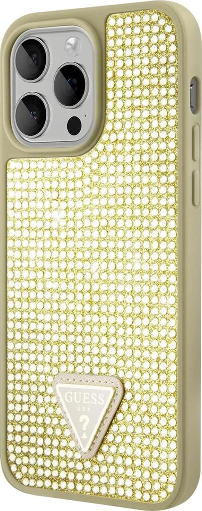 Guess Rhinestones Triangle Metal Logo Case für iPhone 15 Pro Gold