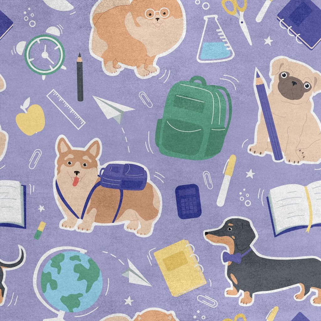 Royal Samt Stoff Polyester Zum Nähen - Motiv Schulmaterial und Hunde 2