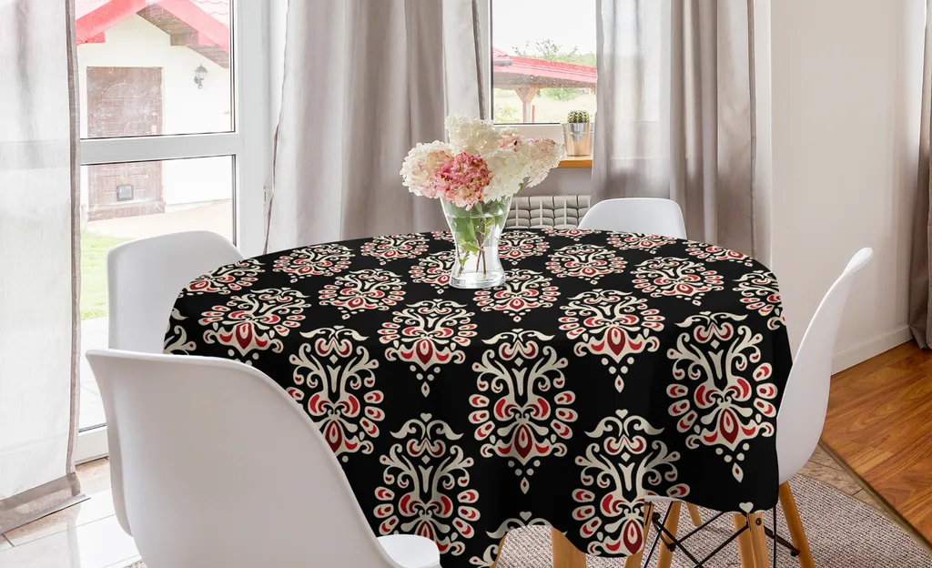 Tovaglia Rotonda 150 cm Antimacchia Stile Damasco Nero Rubino