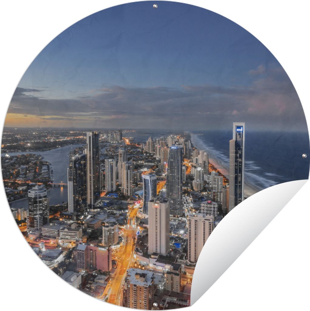MuchoWow Gartenposter Outdoor-Poster Rund Abenddämmerung über der Küste von Brisbane in Australien Ø 90 cm Gartendeko Rundes Poster draußen