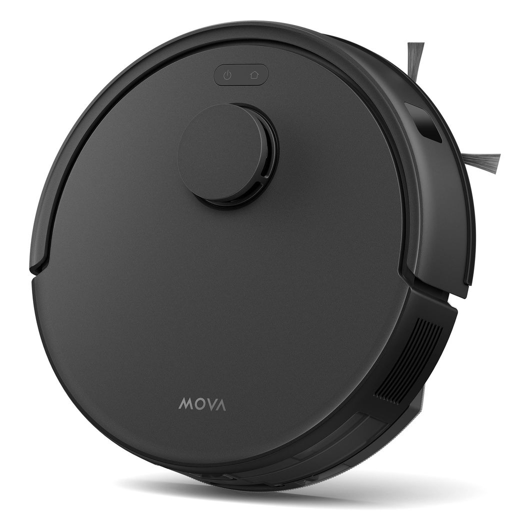 A black robot vacuum cleaner is shown from a top-down, slightly angled perspective against a white background.