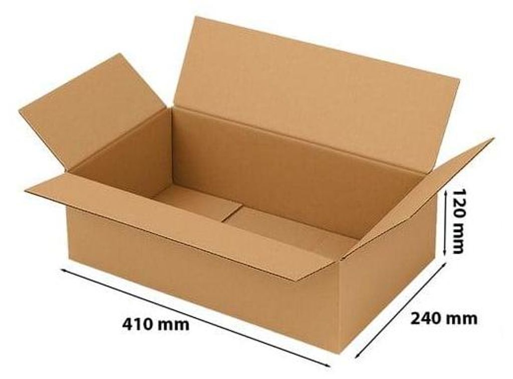 An open cardboard box with dimensions indicated by measurement lines and text.