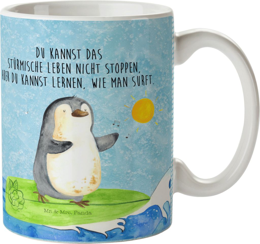 Mr. & Mrs. Panda Kinderbecher Pinguin Surfer - Eisblau - Geschenk, Kindertasse, Hawaii, Mehrwegbecher, Urlaub, Motiviert, Henkelbecher, Trinklernbe...