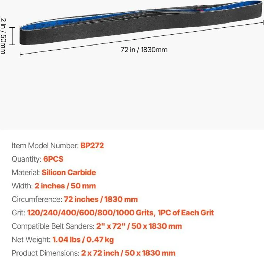 Nastri abrasivi 50x1830mm, set di 6 (grana 120/240/400/600/800/1000) in carburo di silicio - Carta abrasiva per levigatrici a nastro - Per la lavorazione dei metalli, dei materiali compositi e la finitura della plastica - 7