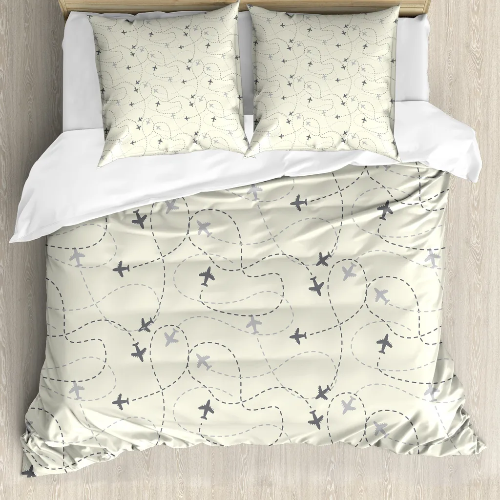 ABAKUHAUS Copripiumino grigio, motivo biglietto aereo, antiacaro, adatto a chi soffre di allergie, con federe, 155 cm x 220 cm - 80 x 80 cm, beige