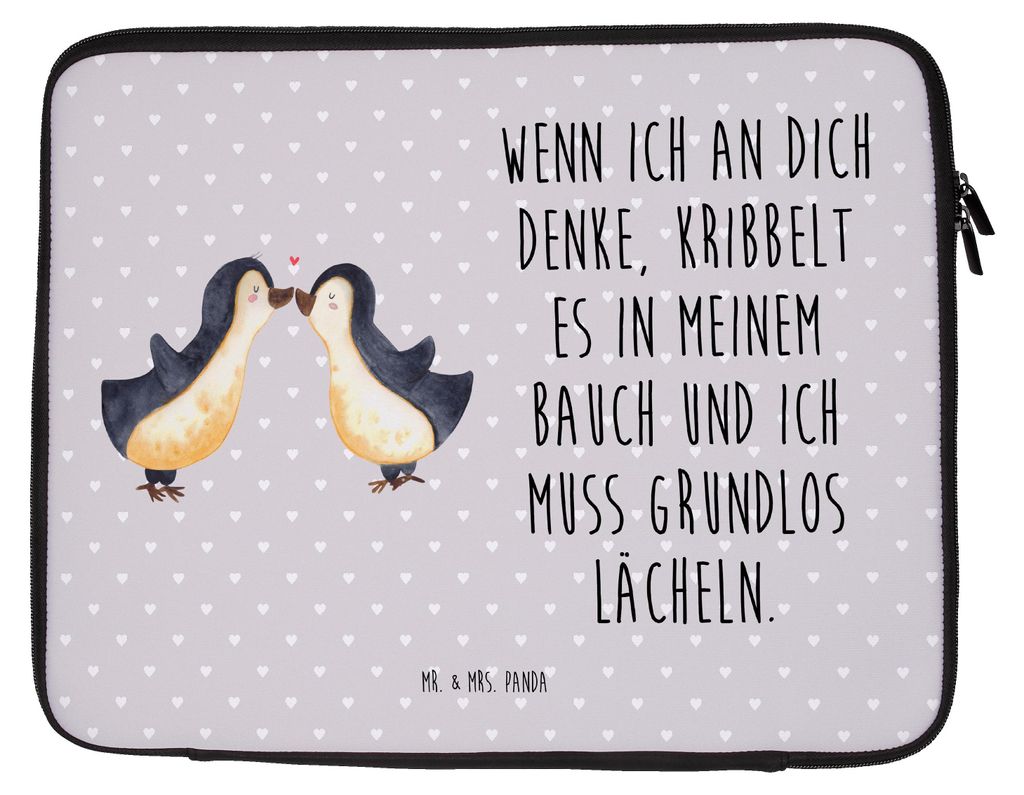 Mr. & Mrs. Panda Laptop Tasche Pinguine Kuss 20 x 28 cm - Grau Pastell - Geschenk, Valentinstag, Freundin, Hülle, Laptoptasche, für Partner, Hoch...