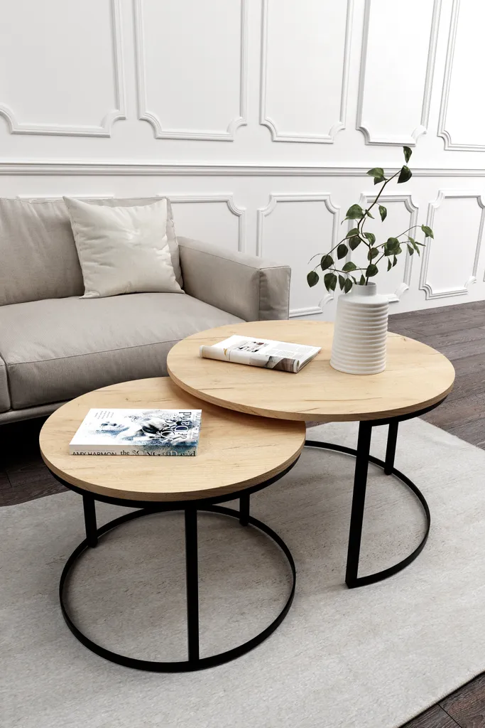 Table basse gigogne ronde MIA en bois et métal noir pour le salon
