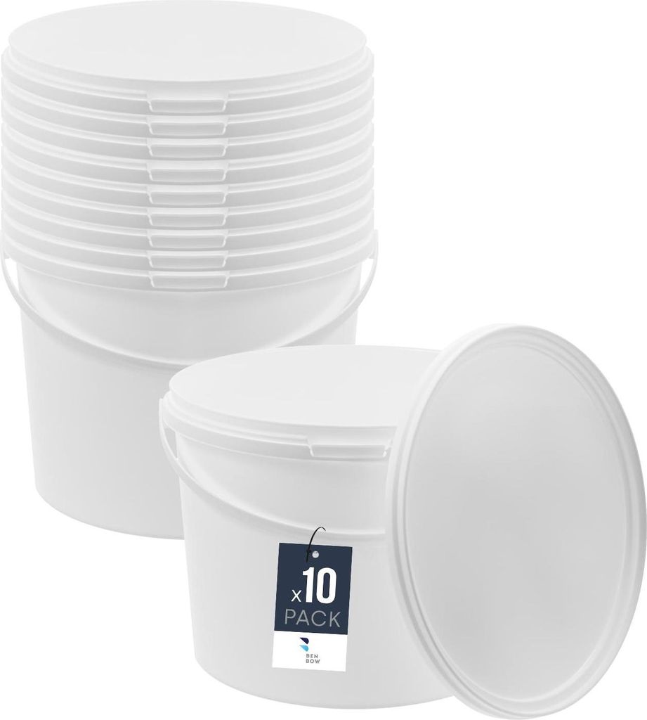BenBow Eimer mit Deckel 10L x10 Weiß - lebensmittelecht, stabil, luftdicht, auslaufsicher, geruchsneutral - Plastikeimer mit Henkel - leer