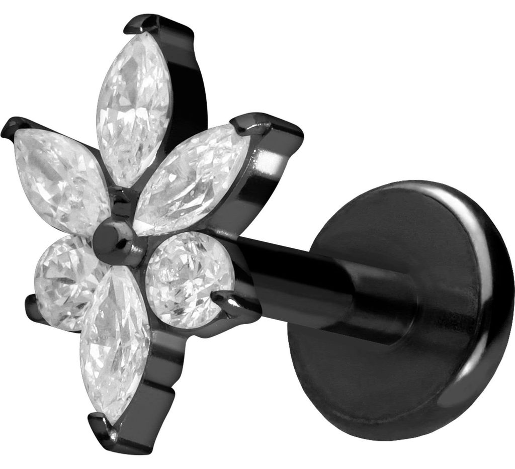 Ohrpiercing, Nasenpiercing Titan Labret mit Push Fit KRISTALLBLUME Schwarz Stablänge: 7mm | Stabstärke: 1mm