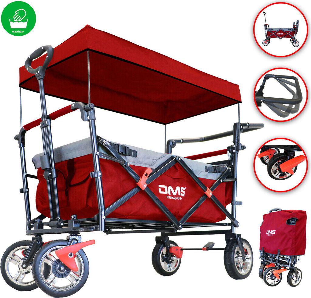 DMS® Bollerwagen Faltbar Dach Handwagen Klappbar Strandwagen Gerätewagen Gurt BW-03 Rot