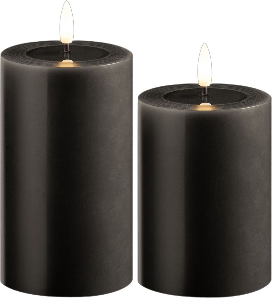 2er Set Led Kerzen flackernde Flamme mit Echtwachspiegel grau 7,5cm ø 1x 12,5 cm, 1x10 cm Höhe, LED Kerzen mit Timerfunktion, 2 AA Batterien nöt...