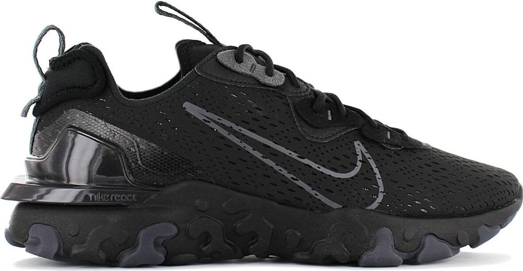 A side view of a black Nike React Vision shoe against a white background.