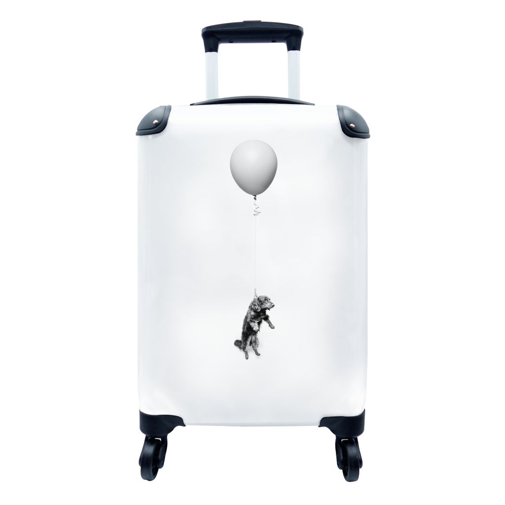 MuchoWow Koffer Handgepäck Trolley Rollkoffer Kleine Reisekoffer mit 4 Rollen - Dackel auf einem Luftballon - schwarz und weiß - Cabin Size < 5...