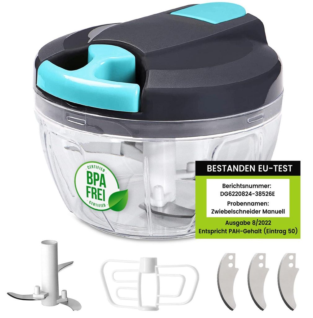 Zwiebel Zerkleinerer Manuell, 520ml Zwiebelschneider mit 6 Klingen und 1 Mixer, Zwiebelhacker Gemüseschneider, Multizerkleinerer Manuell, Gemüses...