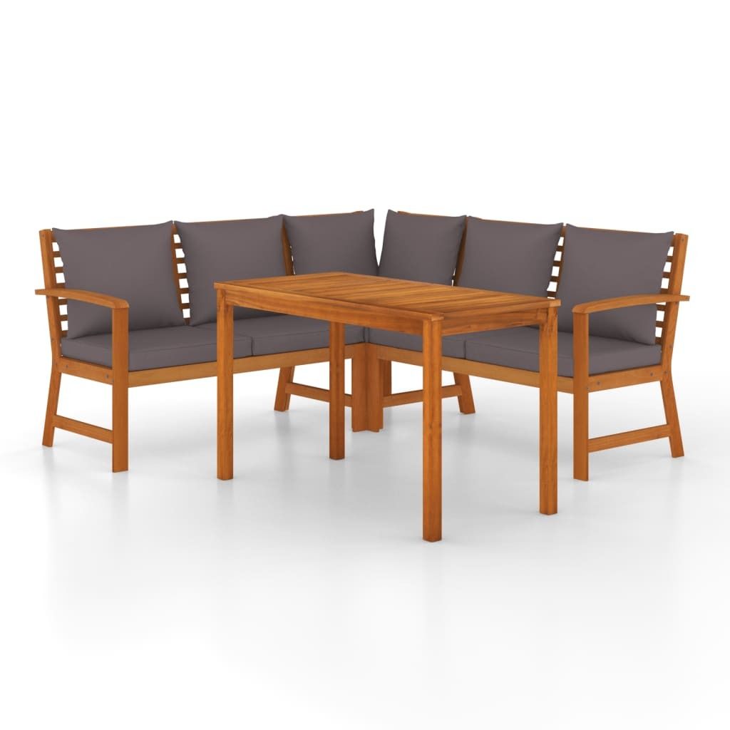 A wooden garden dining set with gray cushions on a white background.