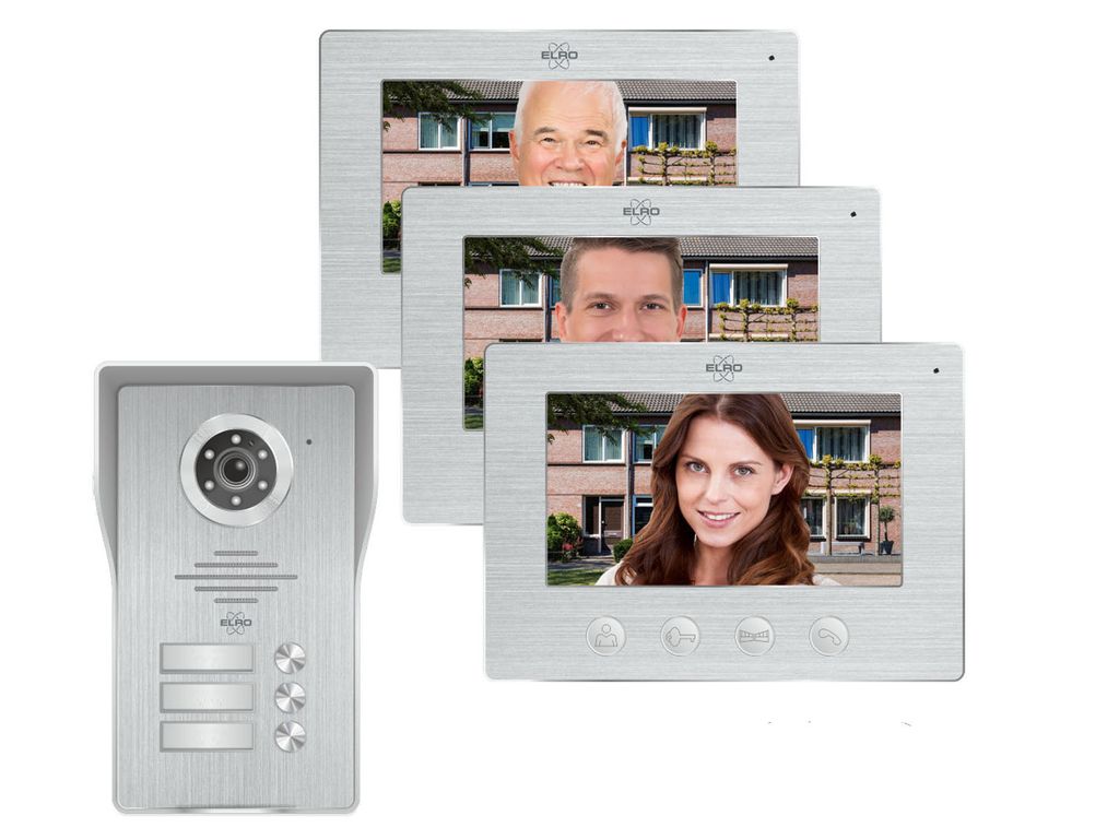 A video intercom system with a door station and three indoor monitors displaying different people.