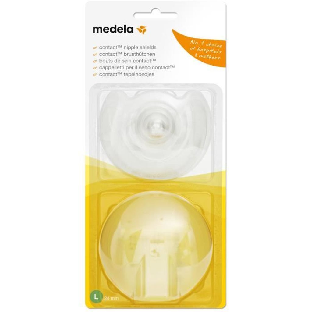 A product package containing Medela contact nipple shields.