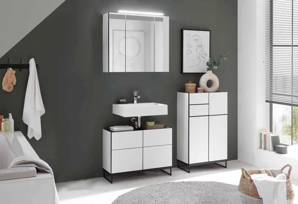 Badezimmer Badmöbel-Set VEGAS 80 cm Weiß matt Spiegelschrank Wbu Highboard Set 3