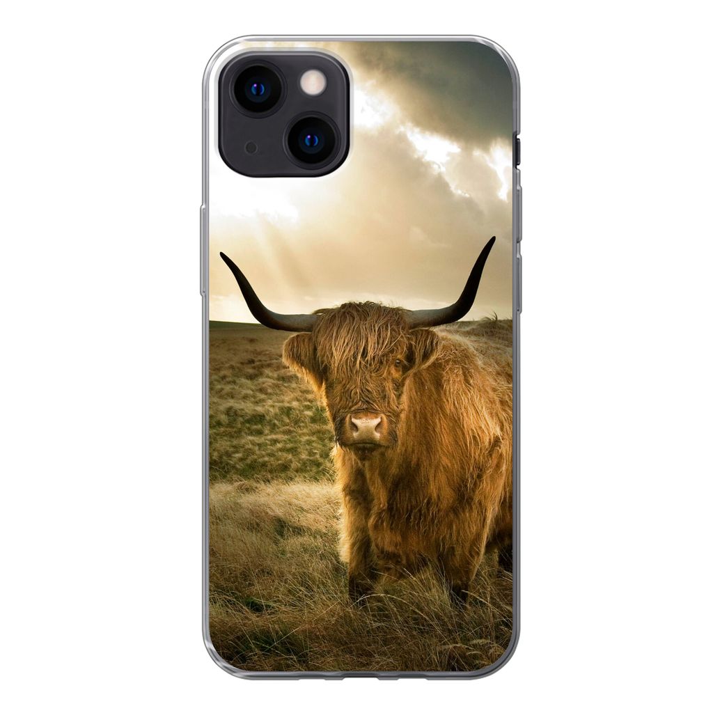 MuchoWow Handyhülle Schutzhülle Hülle für iPhone 13 Schottischer Hochländer - Sonne - Tiere Silikon Softcase Handy Hülle - Karteninhaber