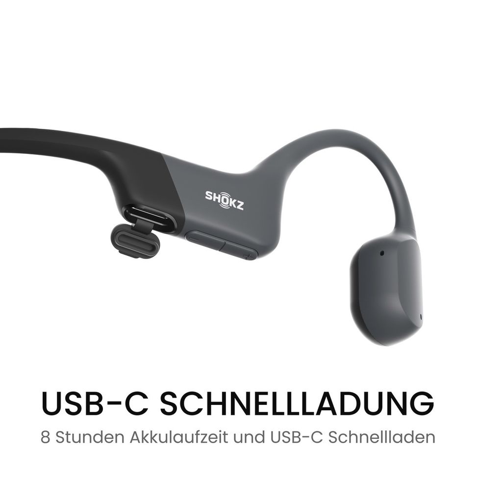 Close-up of black and gray SHOKZ headphones with text overlay.