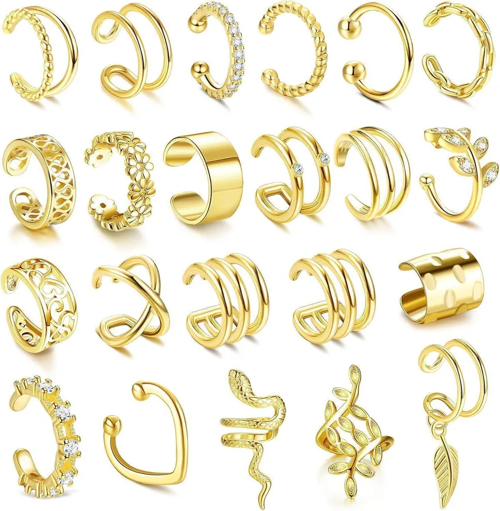 Clip Oreille Anti Douleur Lot de 22 Faux Piercings Réglables Femmes