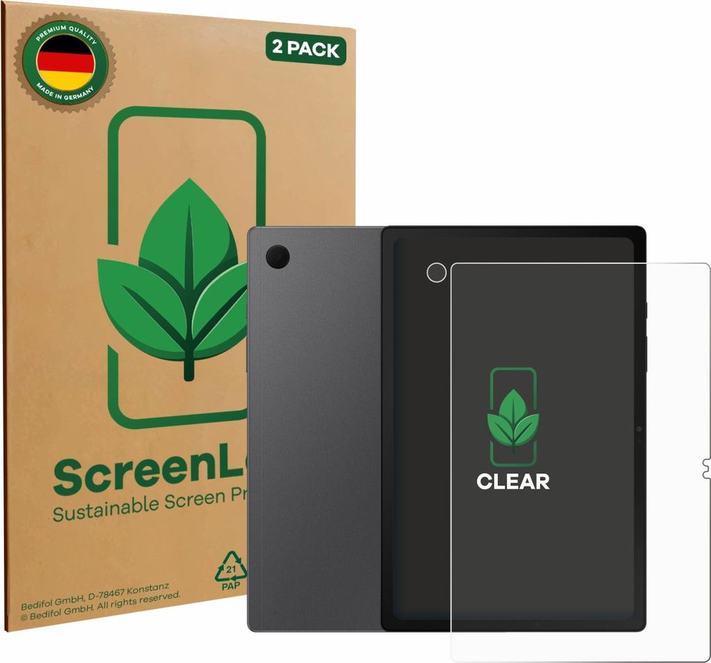 2x ScreenLeaf Schutzfolie für Samsung Galaxy Tab A8 (Display+Kamera) nachhaltiger Displayschutz Display Schutz Folie Klar Transparent