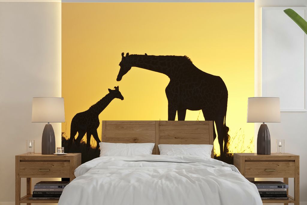 MuchoWow Fototapete für Wohnzimmer oder Schlafzimmer Wandtapete Vinyl Motivtapete Giraffe - Scherenschnitt - Kalb - 220x220 cm - Tapeten