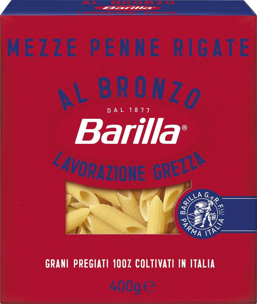 Barilla Mezze Penne Rigate al Bronzo Bronze Gezogene Pasta 400g Rohe Verarbeitungsmethode