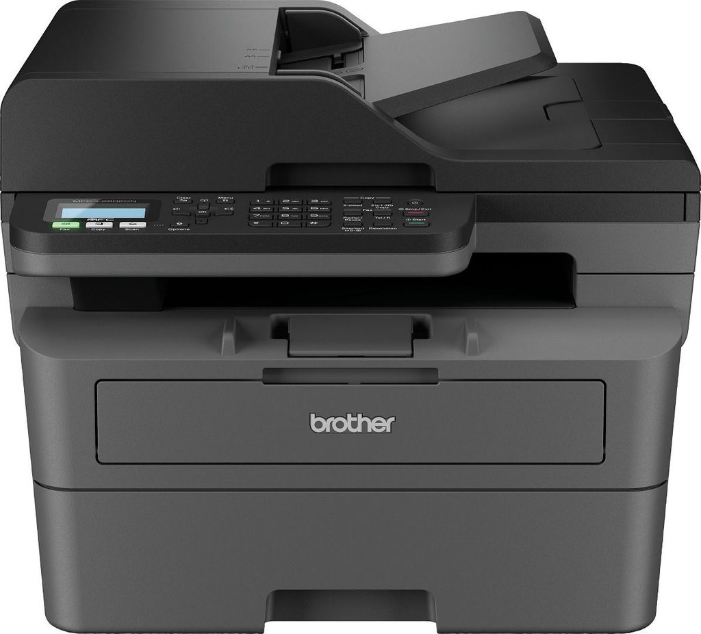 A black and gray Brother multifunction printer is shown from the front.