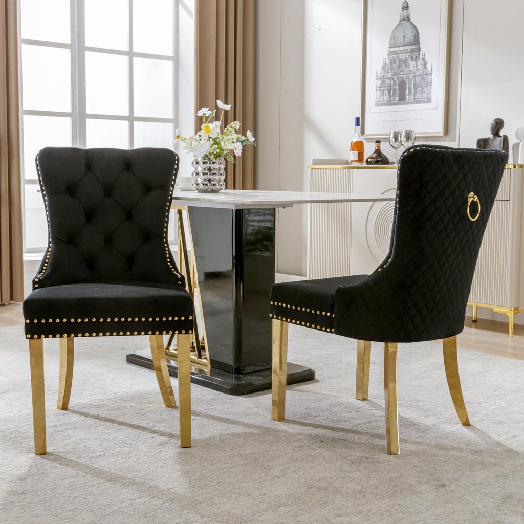 Esszimmerstühle 2er-Set schwarz & gold, Samt, runde Zugringe & Nagelköpfe, goldene Edelstahlbeine