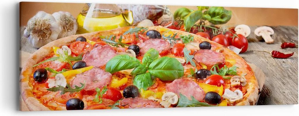 Bild auf Leinwand - Leinwandbild - Pizza Käse Tomaten - 90x30cm - Wand Bild - Wanddeko - Wandbilder - Leinwanddruck - Bilder - Kunstdruck - Wandde...