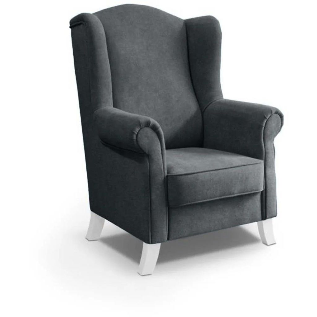 Ohrensessel LEONARDO Relax Sessel für Wohnzimmer, Polstersessel, Plüsch Grau, Holzbeine Weiß