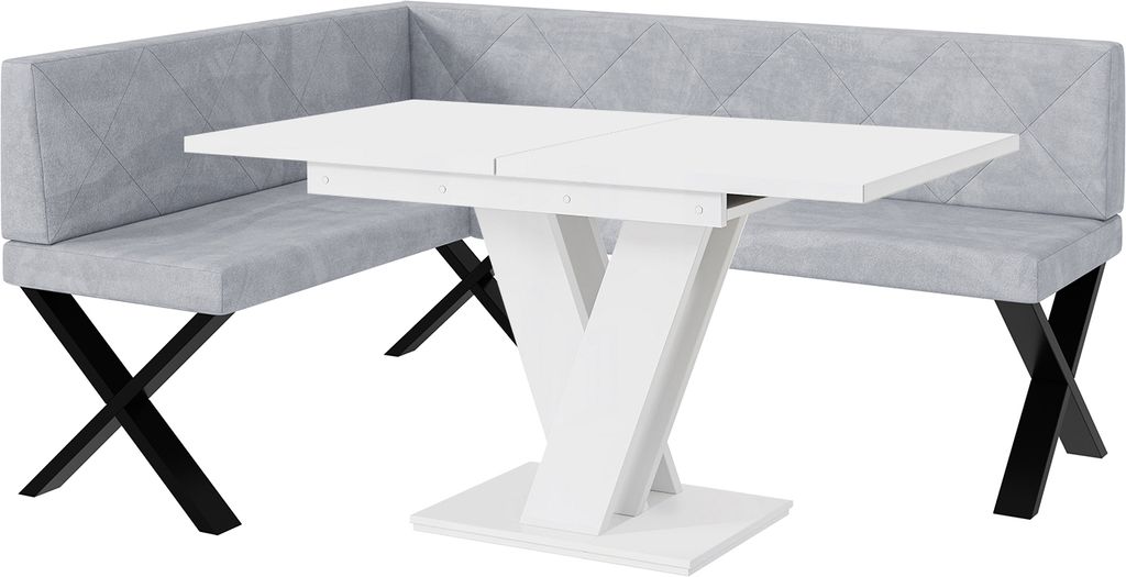MEBLINI Eckbank für Esszimmer mit ausziehbarem Tisch - Küchenbank - Essecke - Sitzecke Küche - ERIC - X-Beine 128x168x87cm Links - Hellgrau Samt...