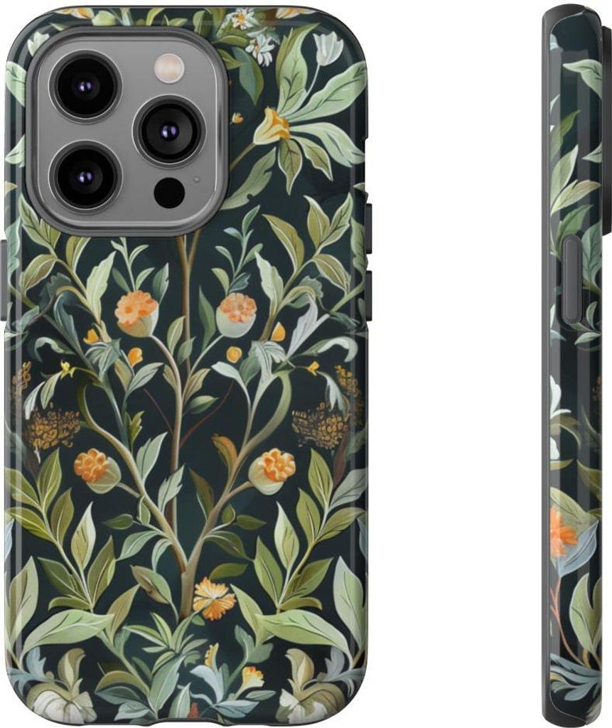 Detaillierte botanische Illustration mit orangefarbenen Blüten – Hülle Kompatibel mit iPhone 14 Pro