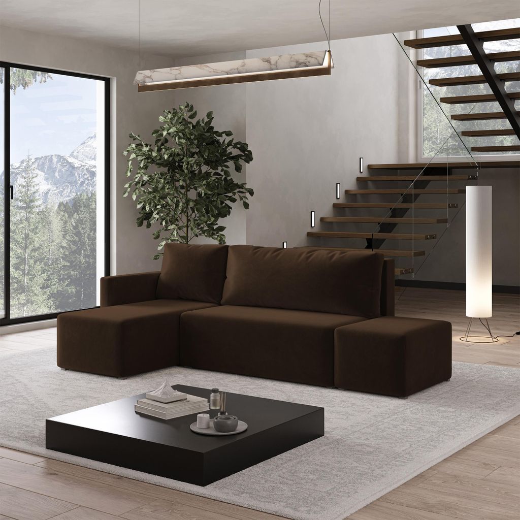 Masseno Ecksofa VELOTTI L-S mit Schlaffunktion L-Form, Sofa mit Bettkasten, Wohnzimmersofa, Couch, Soffa, Bettsofa, Couchgarnitur- Braun, KRONOS 06