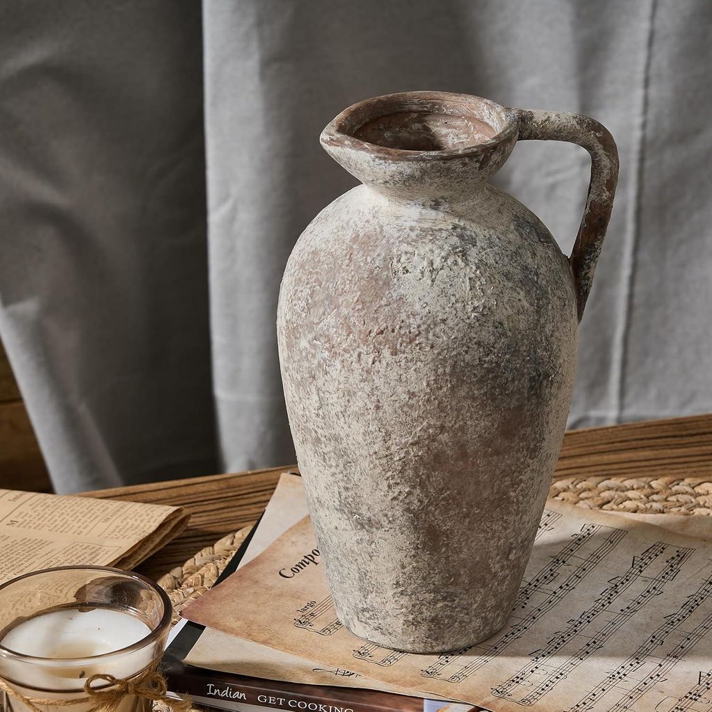 Antike Keramikvase, 24 cm, Terrakotta mit Henkel, gealtertes graues Design, böhmische Inneneinrichtung