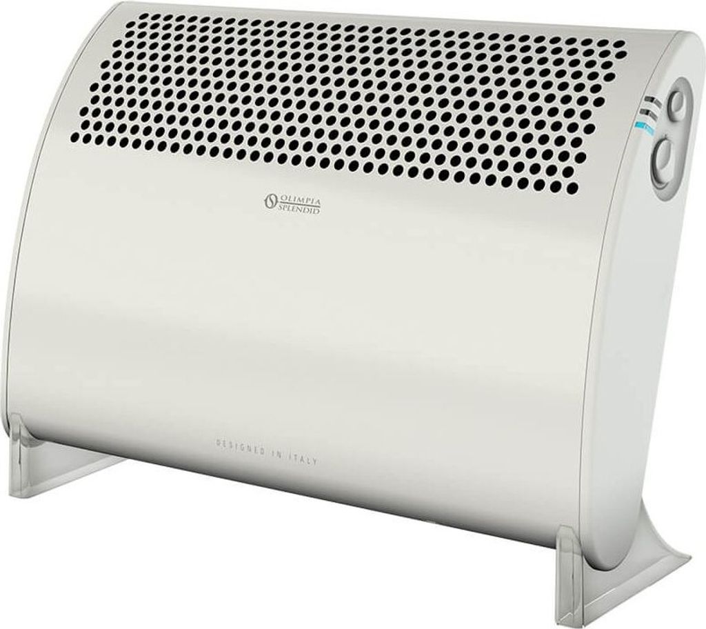 A white electric heater with a perforated top and a curved body, standing on two gray legs.