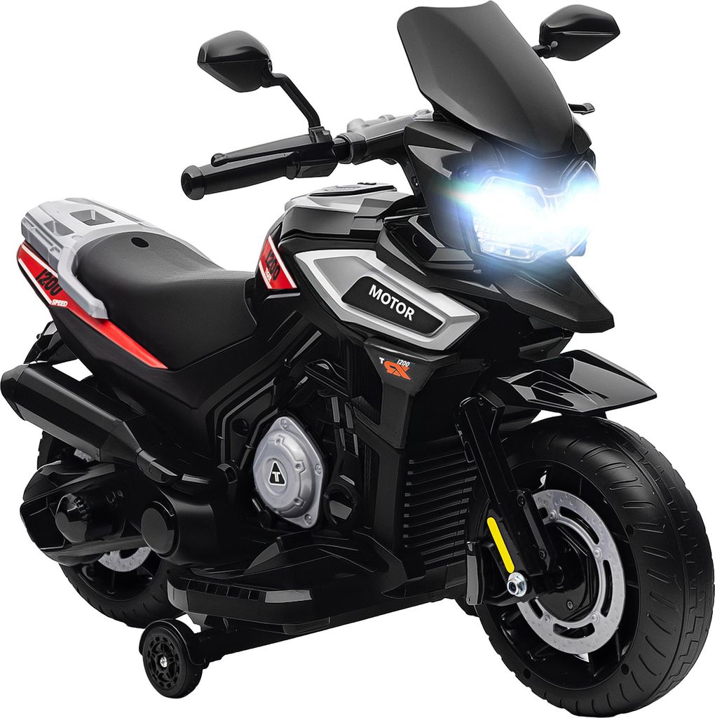 Elektro-Motorrad für Kinder von 18-36 Monaten, Aufsitz-Fahrzeug, Hilfsräder, Lichter, Musik, Kunststoff, Stahl, Schwarz