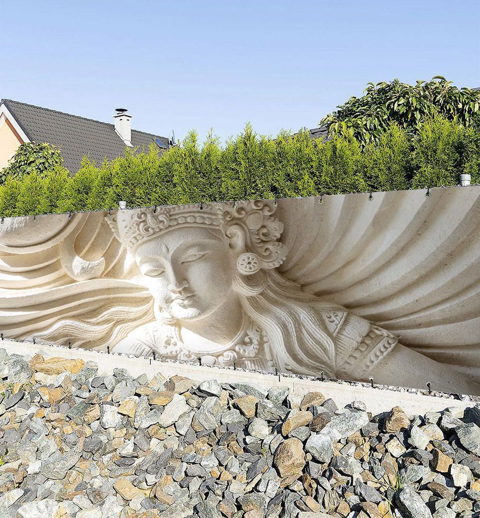 Zaunbanner versteinerte Buddha Figur 3D Sichtschutz Garten Zaun