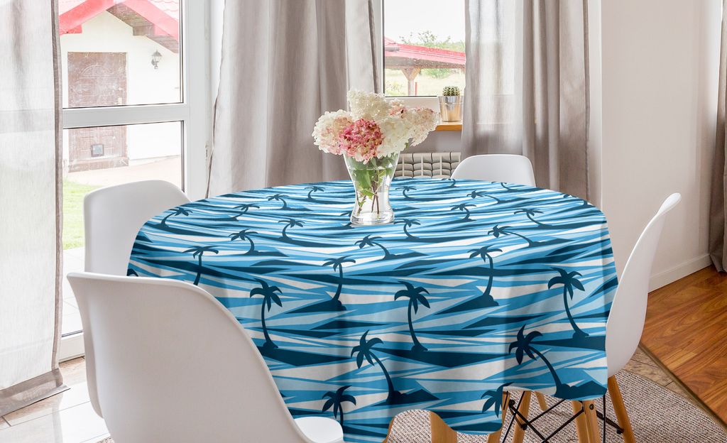 ABAKUHAUS Insel Runde Tischdecke, Blau Monochrom Palm und Meer, Kreis Tischdecke Abdeckung für Esszimmer Küche Dekoration, 150 cm, Sky Blue Weiß