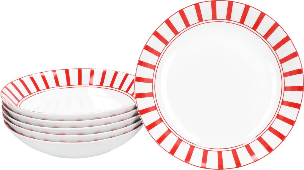 Split rot Streifen 6er Set Suppenteller 450ml Porzellan 6 Pers Teller tief Pasta gestreift