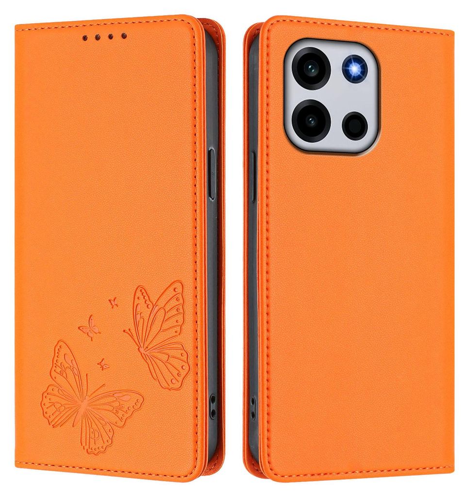 Lederhülle für OnePlus Turbo 6, Schmetterling Prägung Leder Brieftasche Schutzhülle mit Ständer Orange
