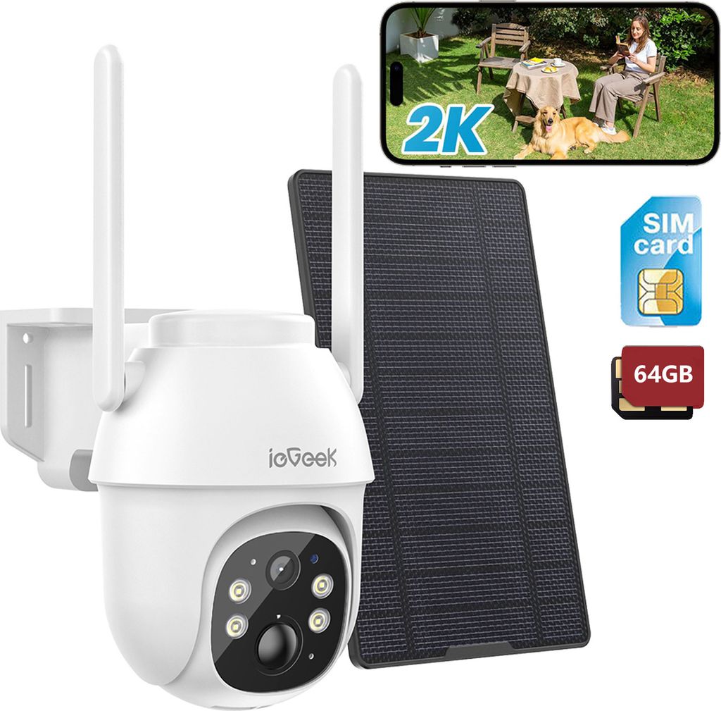 4G LTE Überwachungskamera Außen Akku 9600mAh mit Solarpanel und PTZ, IP Kamera Outdoor mit Farbnachtsicht, PIR-Sensor, 2-Wege-Audio, IP65, 64GB