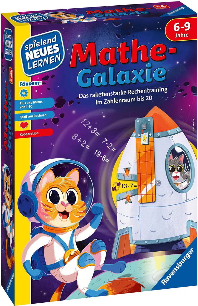 A box for a children's math game featuring cartoon cats in space.