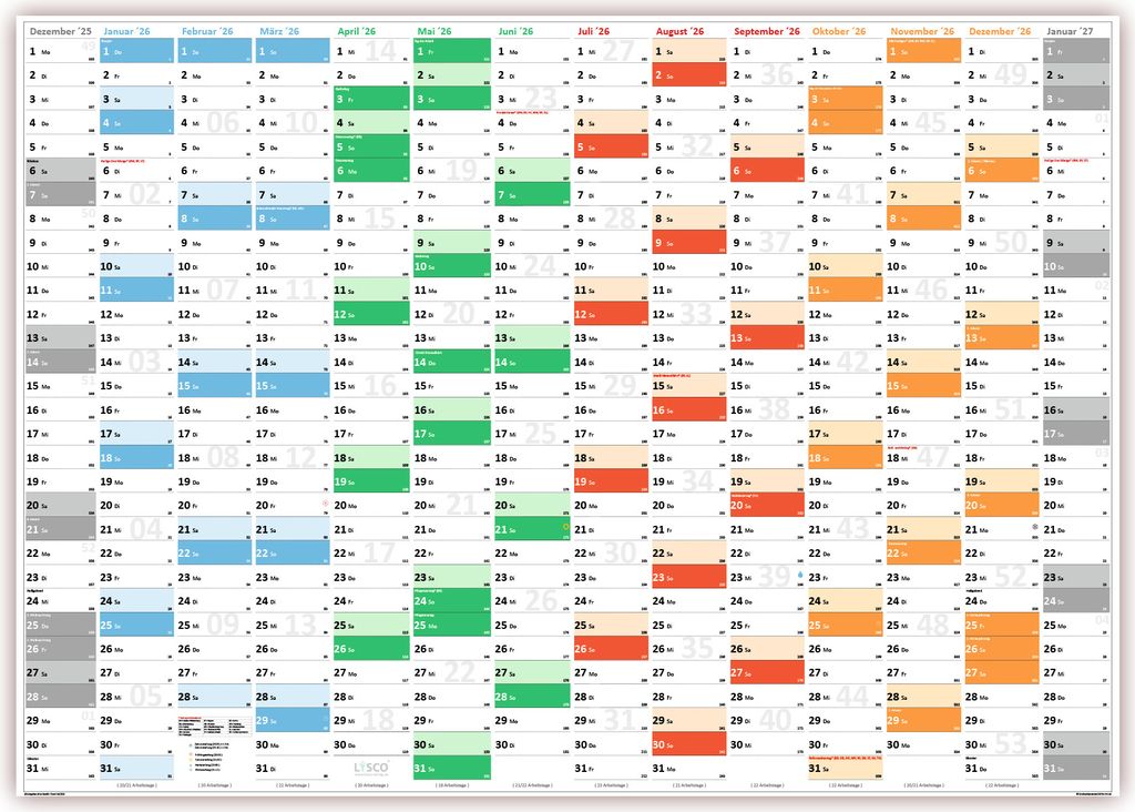 Rainbow Premium Classic2 Wandkalender / Wandplaner DIN A0 2026 (gerollt) Format (841 x 1189 mm) 14 Monate