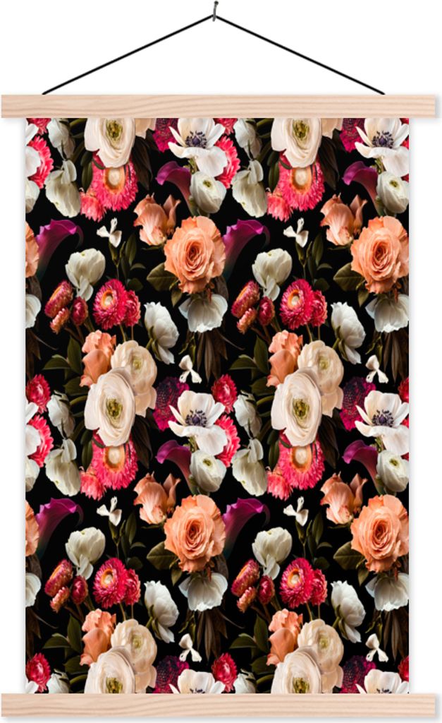 MuchoWow Textilposter Blumen - Rosen - Farben 40x60 cm mit holzfarbenen Rahmen - Poster