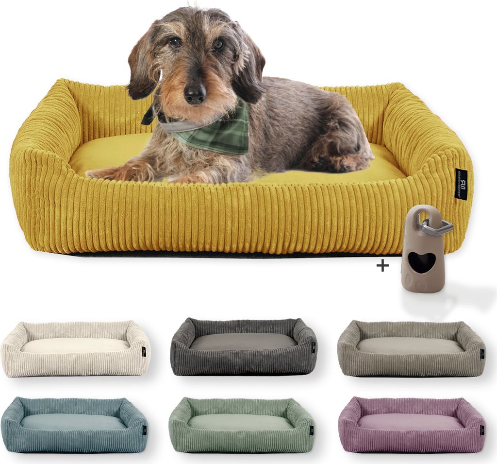 Rohrschneider Hundebett waschbar für kleine und mittelgroße Hunde mit Hundekissen Cord inkl. Gassibeutel, Farbe:senf, Muster:Cordstoff breit